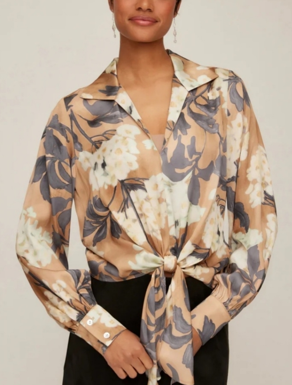 Karen Kane Tie-Front Floral Satin Blouse - Beige/Cream
